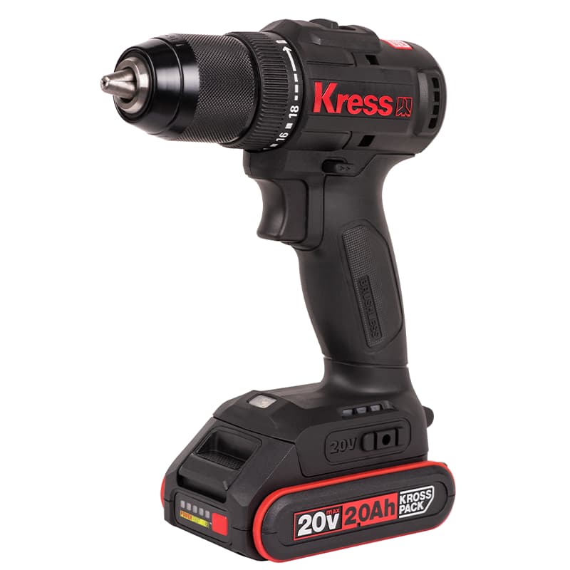 Дрель-шуруповерт KRESS KU212.1 20V аккумуляторная бесщеточная, с двумя АКБ на 2 А*ч и ЗУ